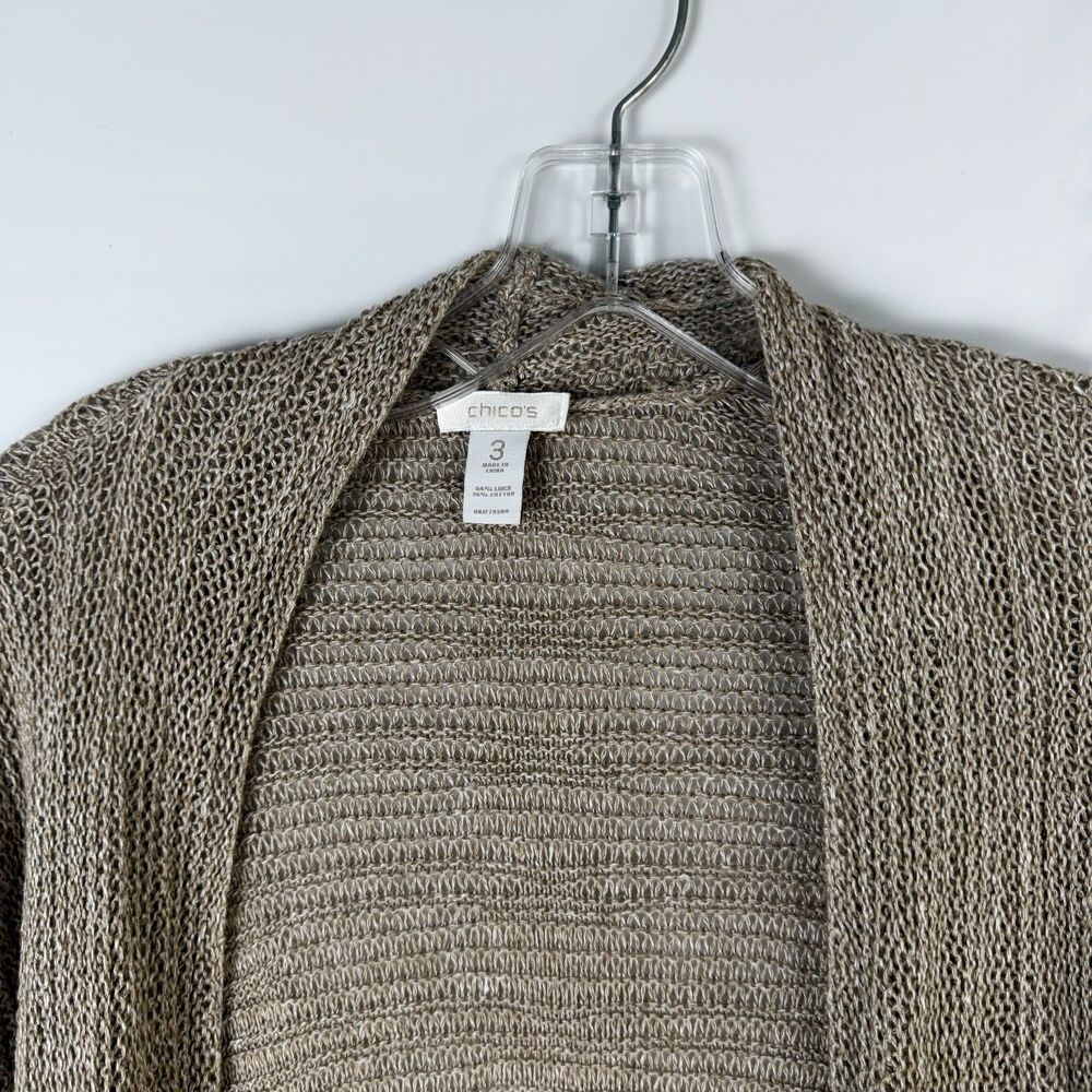 Chicos XL Linen Blend Women Open Front Cardigan 3/4 Sleeve Knit Normcore Pocket - Picture 4 of 9